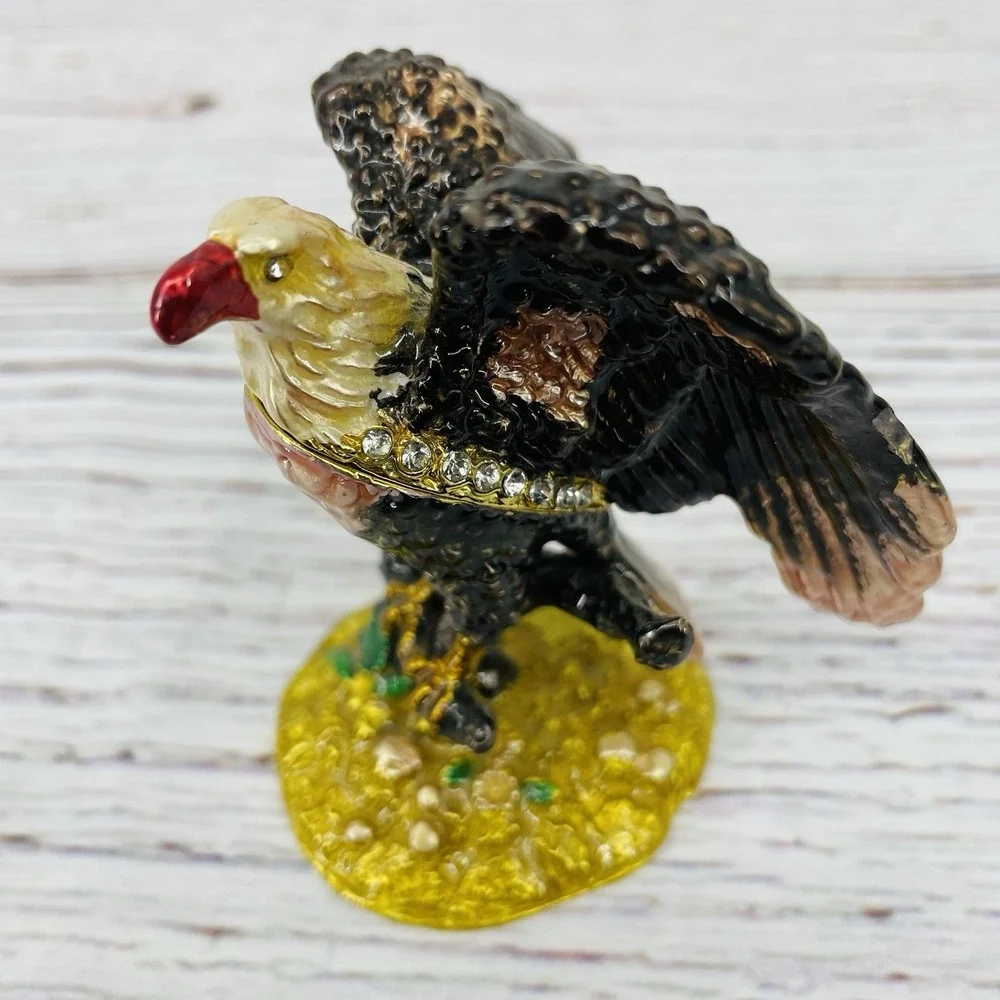 Metal Jeweled Enamel Bald Eagle Trinket Box Rhinestones - Picture 1 of 9
